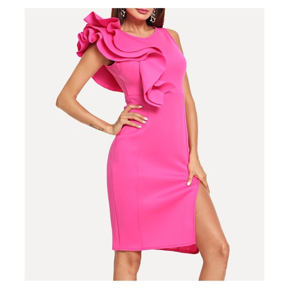 Fuchsia Pink Ruffle Sleeveless Side Slit Dress - Picture 3 of 5